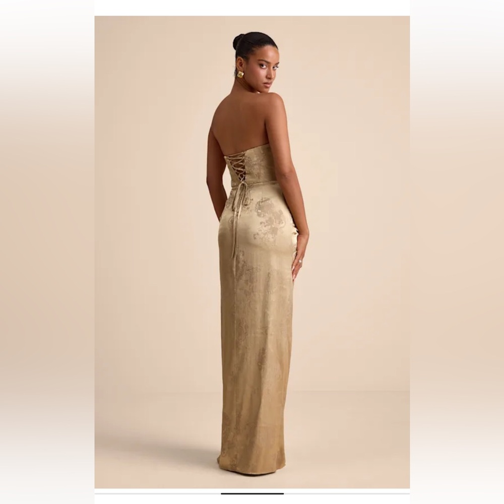 NWOT Lulus Whitney Gold Jacquard Strapless Twist-Front Maxi Dress - Picture 3 of 7